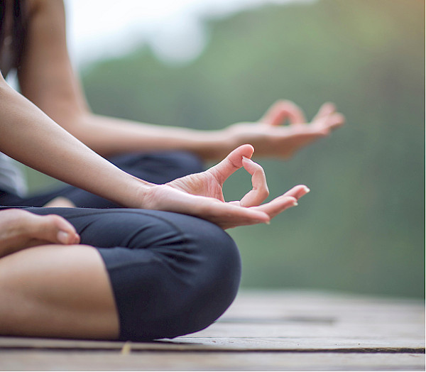 Close-up of a person's hands in a mudra position during a meditation session.