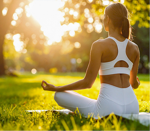 Rear view of a woman in white activewear sitting in meditation on a park lawn at sunset.